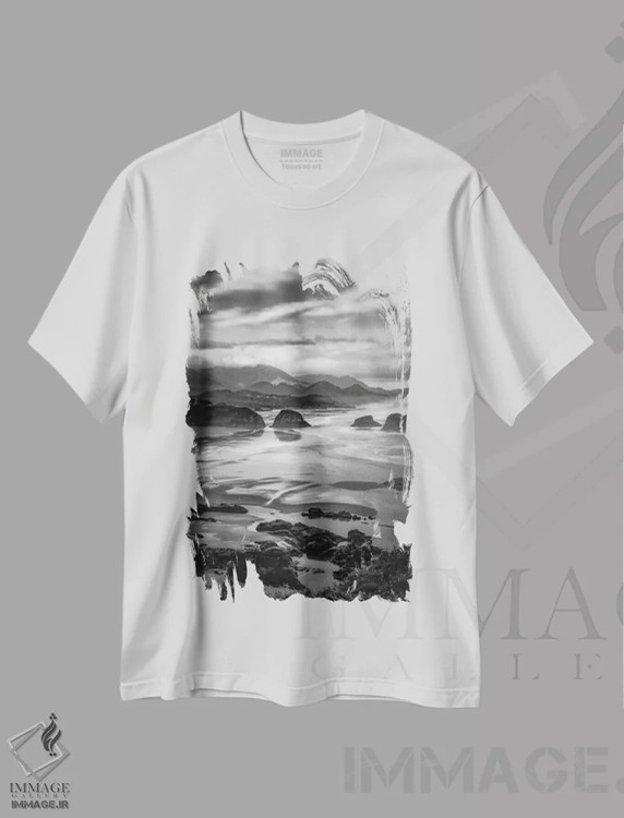 تیشرت سفید طرح دار سپیده دم ساحلی، دکور ساحلی اثر دان شوارتز | فروشگاه ایماژ