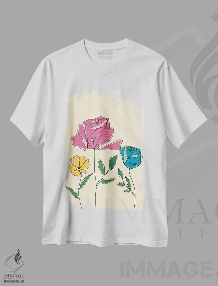 تیشرت سفید طرح دار گل های رنگی دو، تزئینی اثر دنیلا سانتیاگو | فروشگاه ایماژ