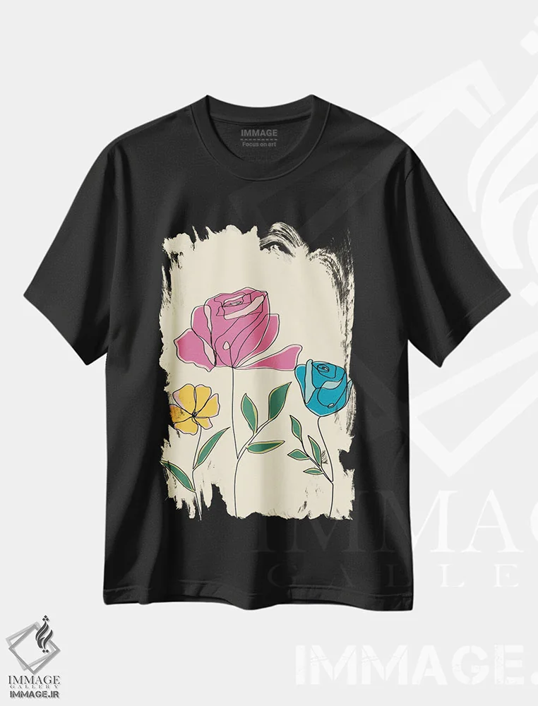 تیشرت مشکی طرح دار گل های رنگی دو، تزئینی اثر دنیلا سانتیاگو | immage.ir