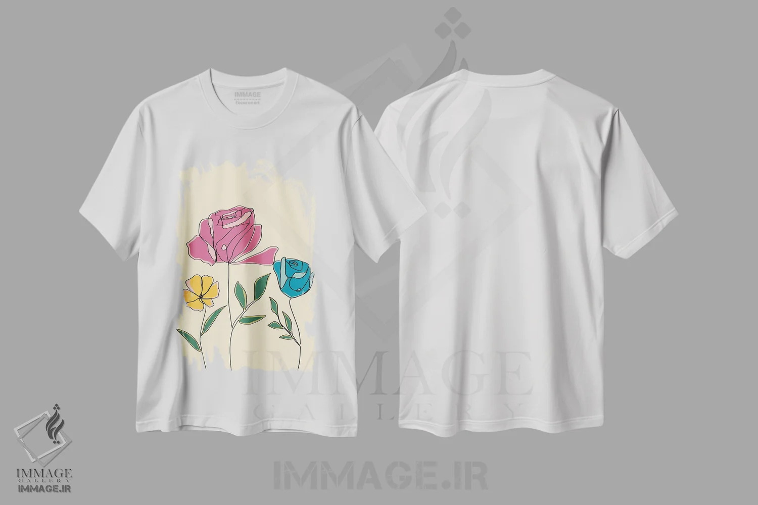 تیشرت سفید طرح دار گل های رنگی دو، تزئینی اثر دنیلا سانتیاگو | فروشگاه ایماژ