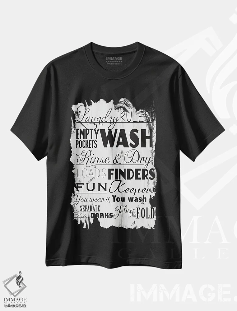 تیشرت مشکی طرح دار قوانین رختشویی اثر دنیلا سانتیاگو | فروشگاه ایماژ