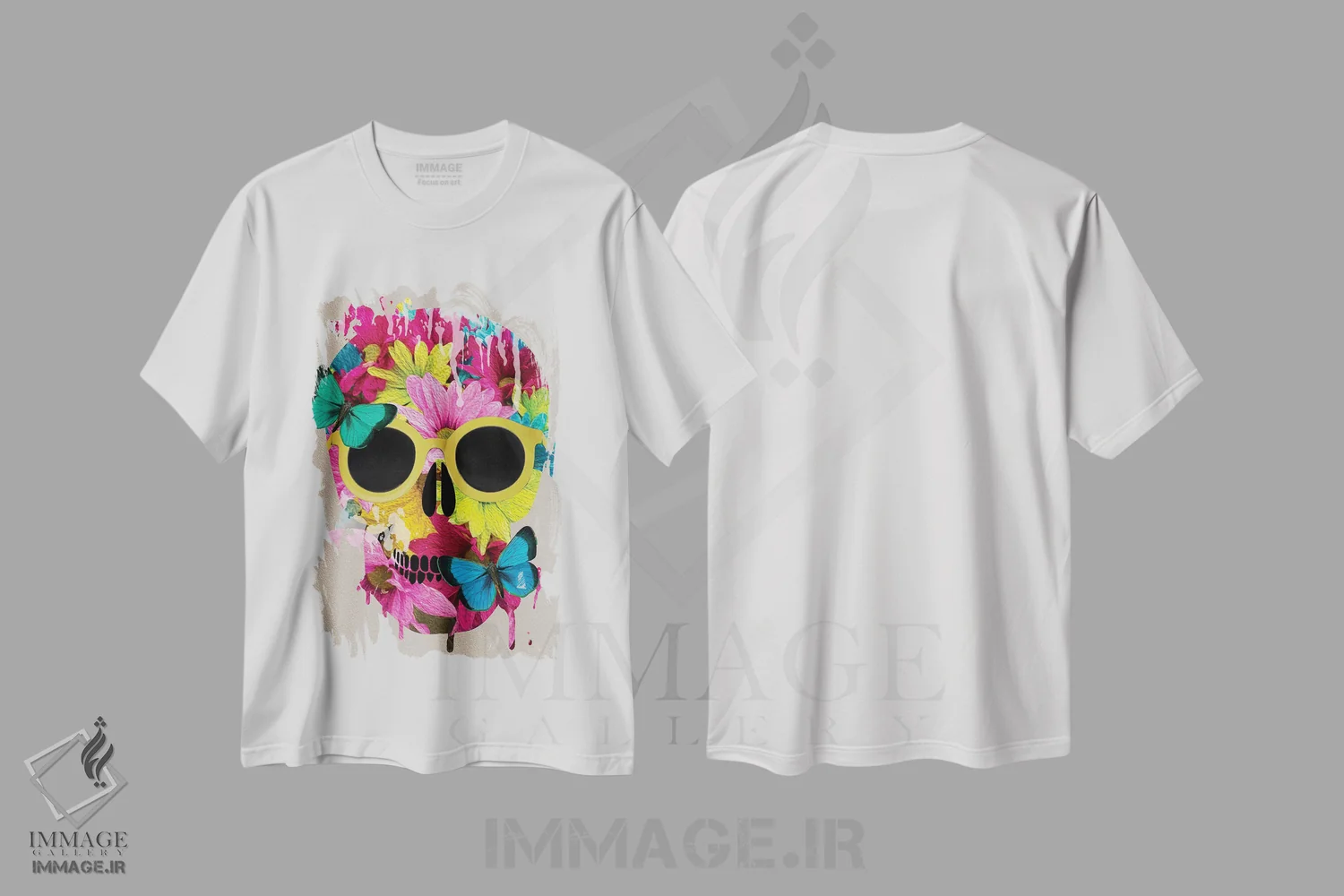 تیشرت سفید طرح دار جمجمه گل دار، هنر دیجیتال اثر دنیلا سانتیاگو | فروشگاه ایماژ