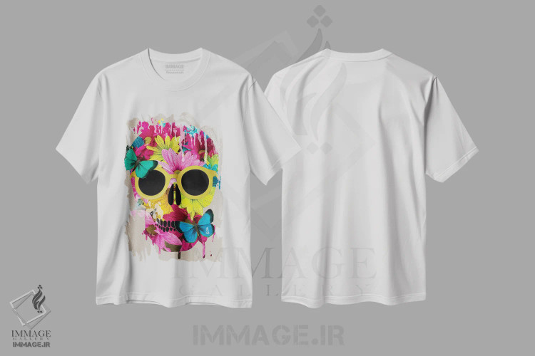 تیشرت سفید طرح دار جمجمه گل دار، هنر دیجیتال اثر دنیلا سانتیاگو | فروشگاه ایماژ