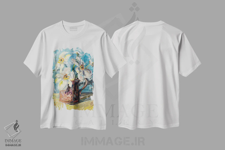تیشرت سفید طرح دار متعادل شده با زمان، دکور معاصر اثر دانا سورکینا | فروشگاه ایماژ
