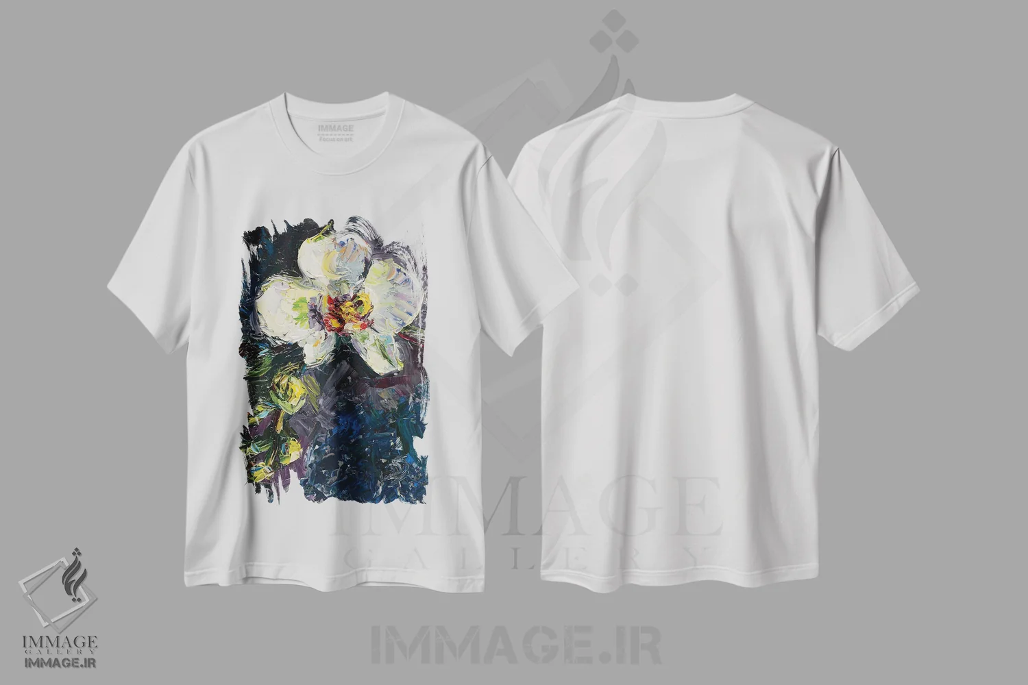 تیشرت سفید طرح دار ارکیده ها، دکور معاصر اثر دانا سورکینا | فروشگاه ایماژ