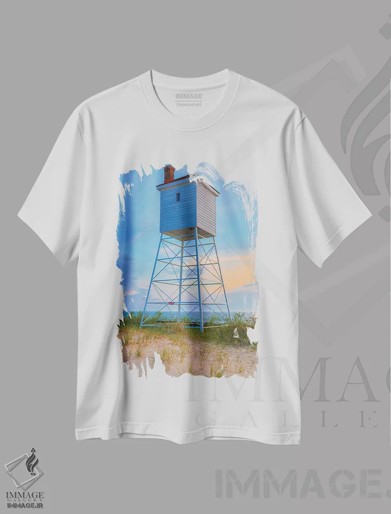 تیشرت سفید طرح دار غروب کلبه نجات غریق، مدیوم اثر دن اسپرول | فروشگاه ایماژ