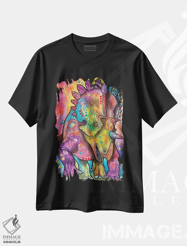 تیشرت مشکی طرح دار تریسراتوپس، مدیوم اثر دین روسو | فروشگاه ایماژ