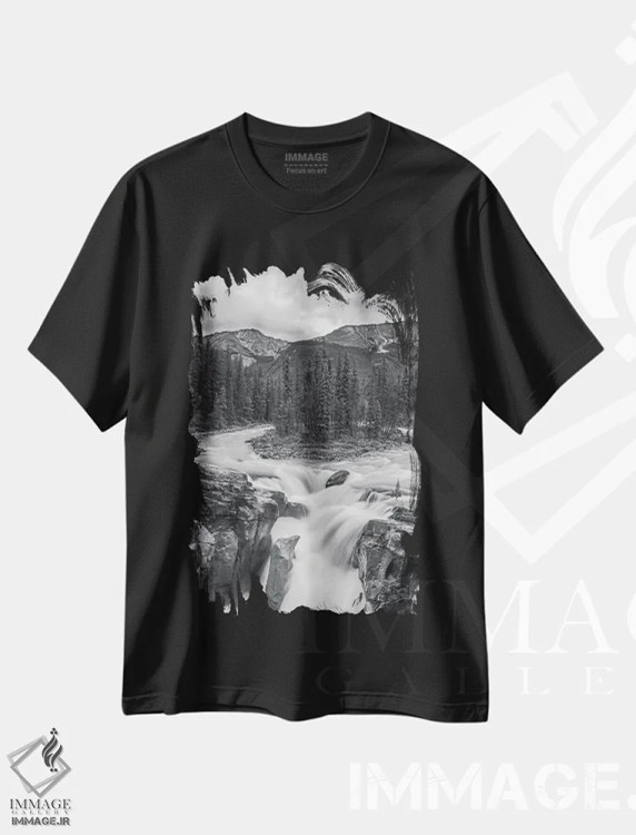 تیشرت مشکی طرح دار آبشار سانوپتا، عکاسی سیاه و سفید اثر دن اسپرول | فروشگاه ایماژ