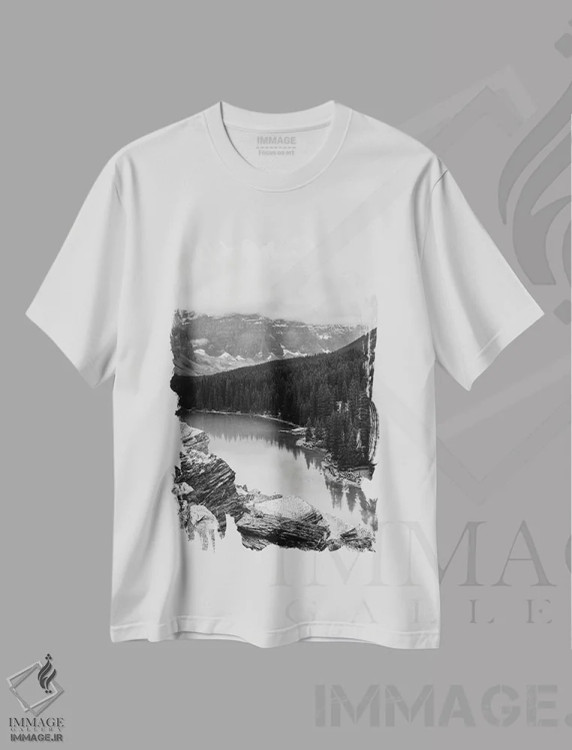 تیشرت سفید طرح دار دریاچه لوییس، عکاسی سیاه و سفید اثر دن اسپرول | immage.ir
