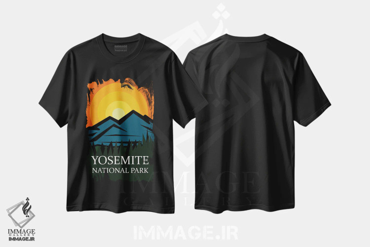 تیشرت مشکی طرح دار پوستر غروب یوسیمیتی، تایپوگرافی اثر دن اسپرول | فروشگاه ایماژ