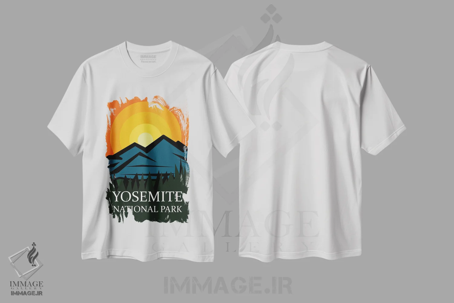 تیشرت سفید طرح دار پوستر غروب یوسیمیتی، تایپوگرافی اثر دن اسپرول | immage.ir