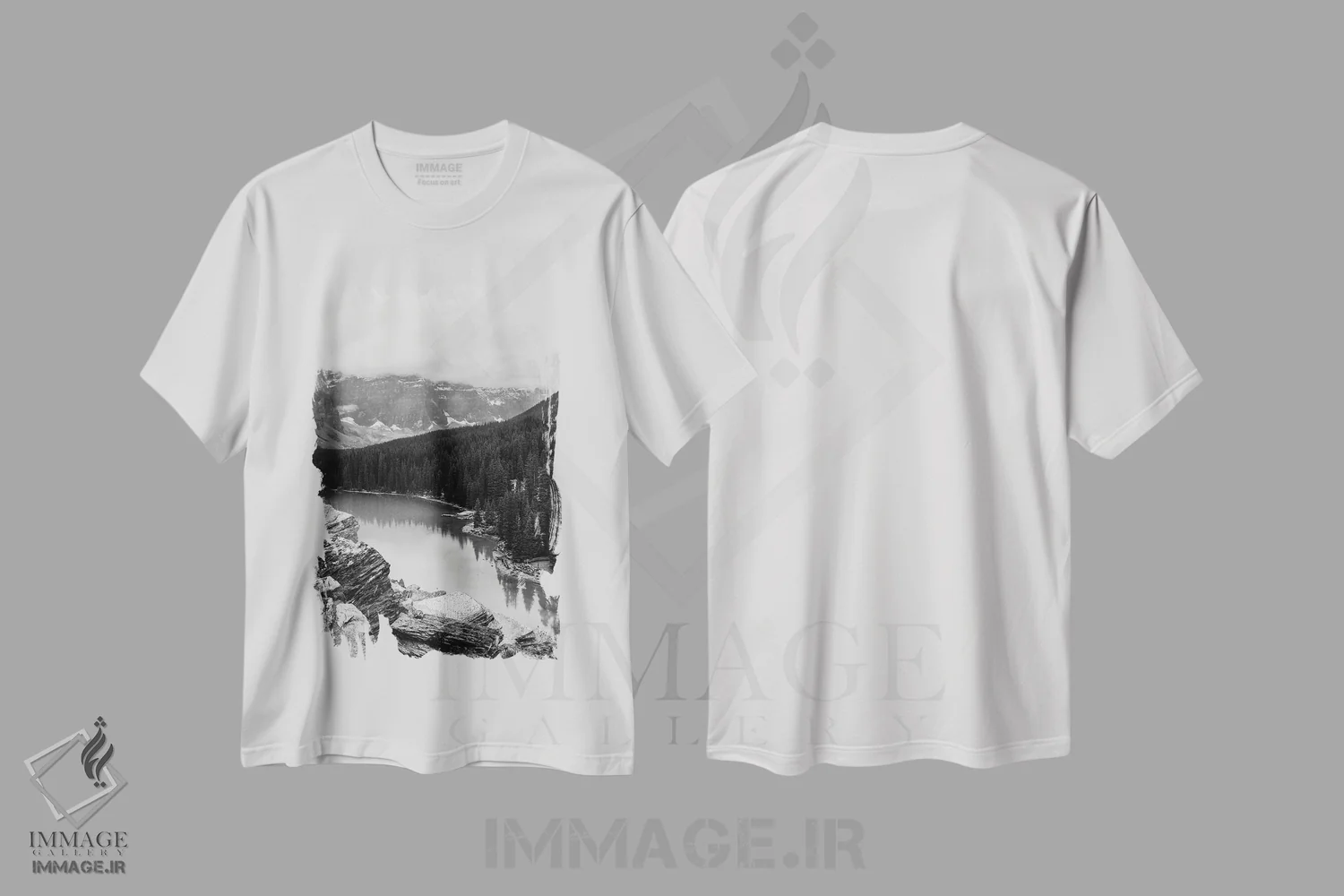 تیشرت سفید طرح دار دریاچه لوییس، عکاسی سیاه و سفید اثر دن اسپرول | immage.ir