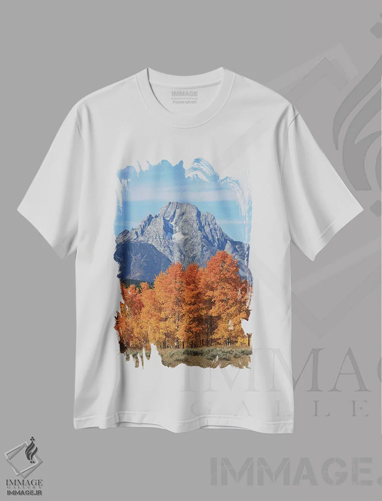 تیشرت سفید طرح دار رنگ های پاییزی کوه موران، مدیوم اثر دن اسپرول | فروشگاه ایماژ