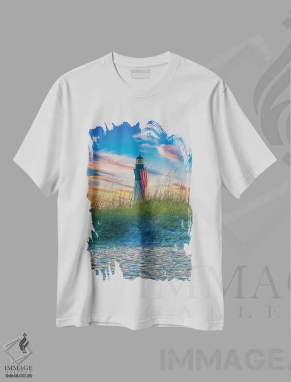 تیشرت سفید طرح دار پرچم فانوس دریایی تایبی در غروب، مدیوم اثر دن اسپرول | فروشگاه ایماژ