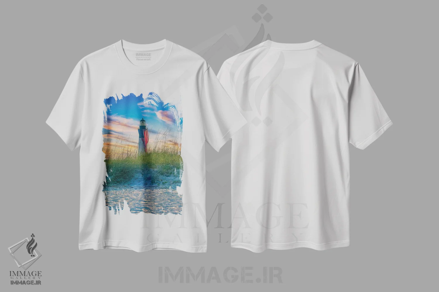 تیشرت سفید طرح دار پرچم فانوس دریایی تایبی در غروب، مدیوم اثر دن اسپرول | فروشگاه ایماژ