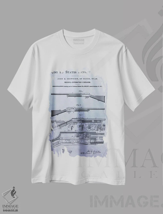 تیشرت سفید طرح دار طرح پتنت اسلحه اتوماتیک جی. ام. براونینگ، وینتیج و رترو اثر دن اسپرول | immage.ir