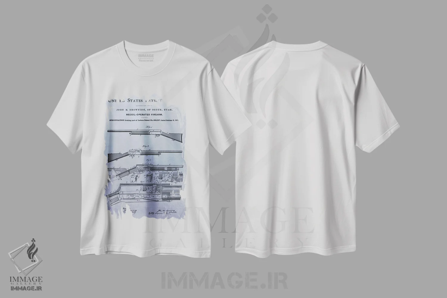 تیشرت سفید طرح دار طرح پتنت اسلحه اتوماتیک جی. ام. براونینگ، وینتیج و رترو اثر دن اسپرول | immage.ir