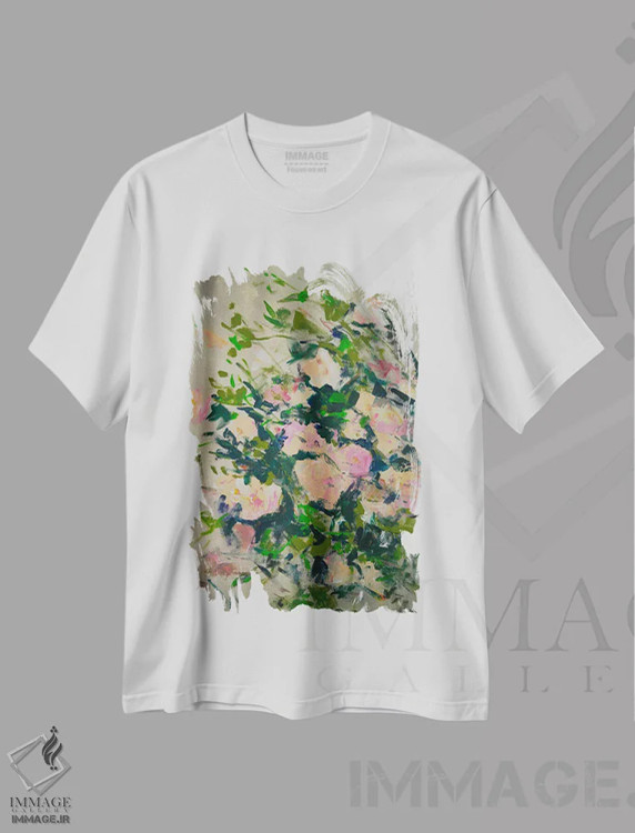 تیشرت سفید طرح دار رزهای کم رنگ شونده، دکور معاصر اثر دینا آسه وا | فروشگاه ایماژ