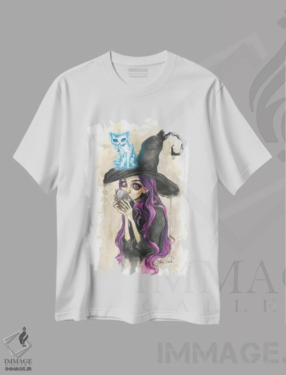 تیشرت سفید طرح دار بنفش و گربه مون جکس، دکوراسیون جایگزین اثر داستین بیلرد | فروشگاه ایماژ