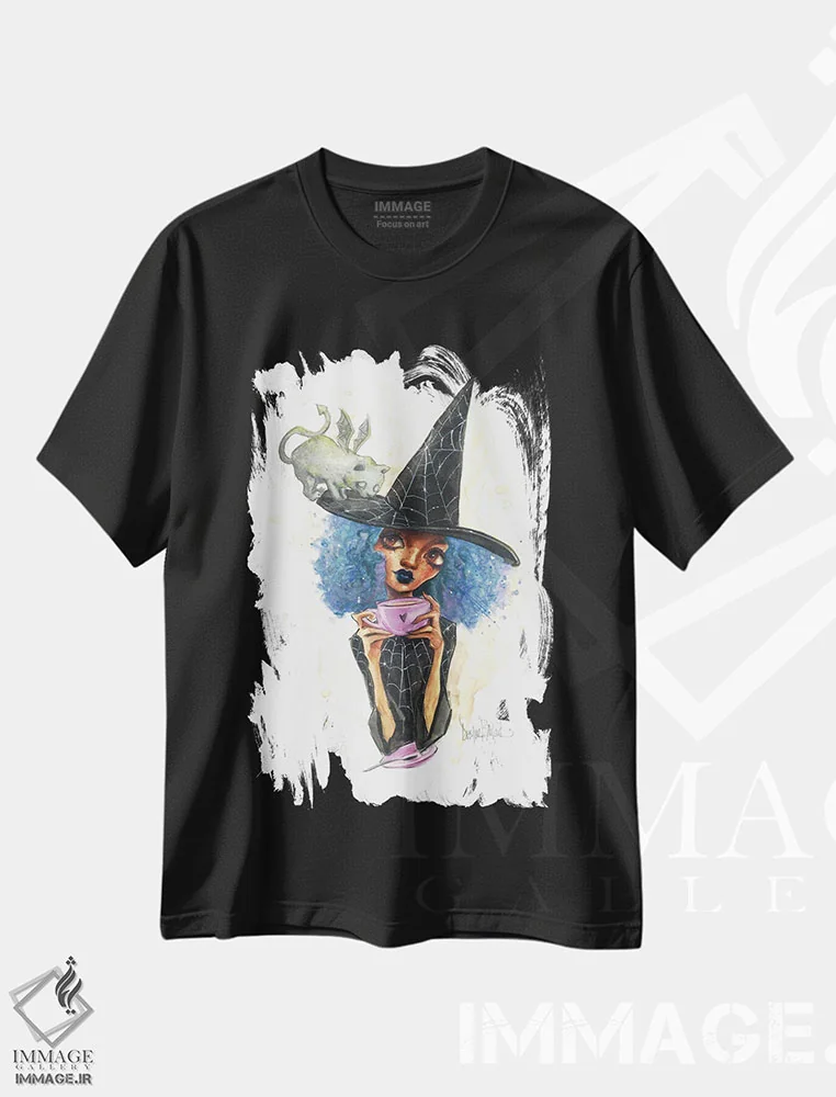 تیشرت مشکی طرح دار ریز و گربه گارگویل، هنر آمریکایی آفریقایی تبار اثر داستین بیلرد | فروشگاه ایماژ