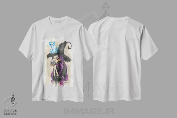 تیشرت سفید طرح دار بنفش و گربه مون جکس، دکوراسیون جایگزین اثر داستین بیلرد | فروشگاه ایماژ