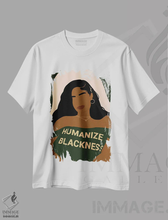 تیشرت سفید طرح دار انسانی کردن سیاهی، هنر آمریکایی آفریقایی تبار اثر دستینی دارسل | فروشگاه ایماژ