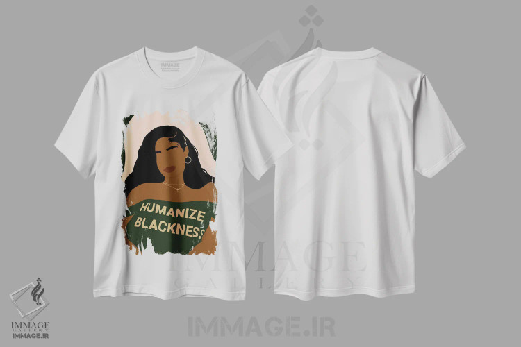 تیشرت سفید طرح دار انسانی کردن سیاهی، هنر آمریکایی آفریقایی تبار اثر دستینی دارسل | فروشگاه ایماژ