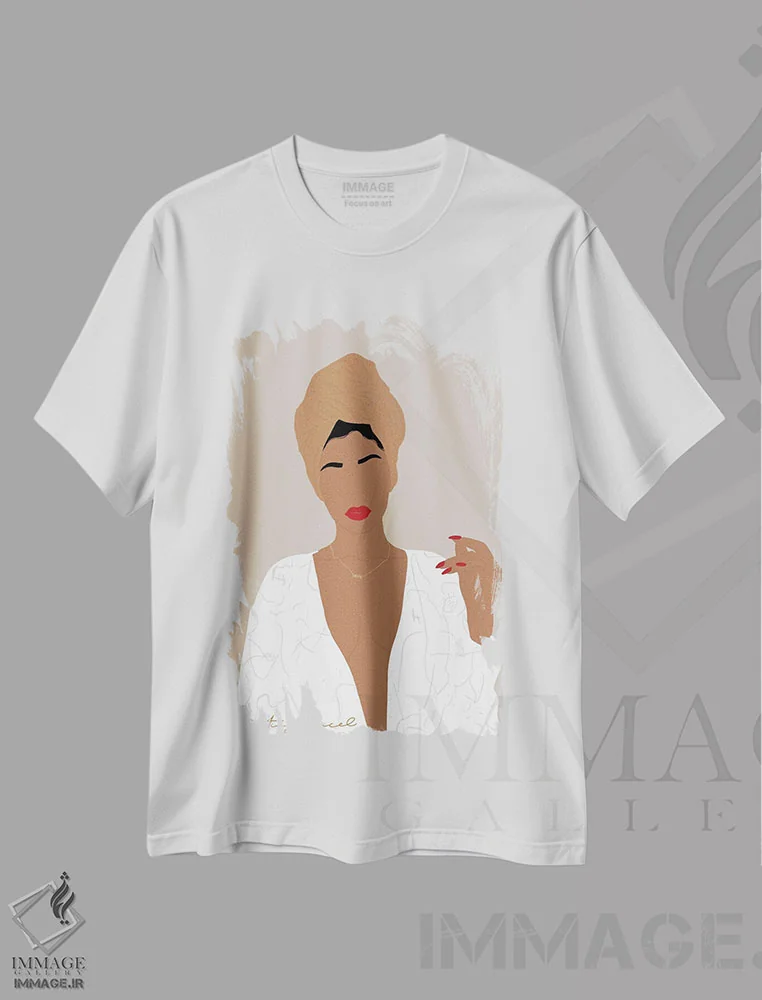 تیشرت سفید طرح دار نمایش تک نفره زن، هنر آمریکایی آفریقایی تبار اثر دستینی دارسل | immage.ir