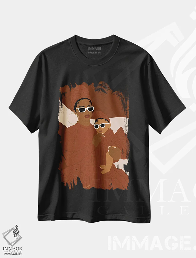 تیشرت مشکی طرح دار هماهنگ با مامان، هنر آمریکایی آفریقایی تبار اثر دستینی دارسل | فروشگاه ایماژ