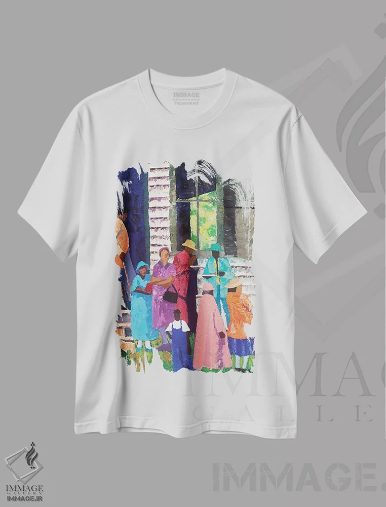 تیشرت سفید طرح دار رفتن به کلیسا، هنر آمریکایی آفریقایی تبار اثر دین تیلمان | فروشگاه ایماژ