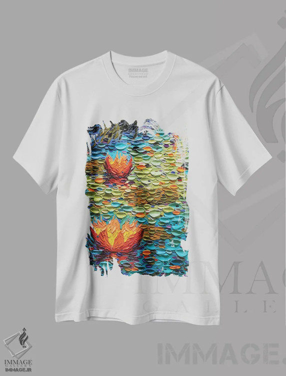 تیشرت سفید طرح دار برکه رنگین کمانی، هنر فاخر معاصر اثر دنا تولفسون | فروشگاه ایماژ
