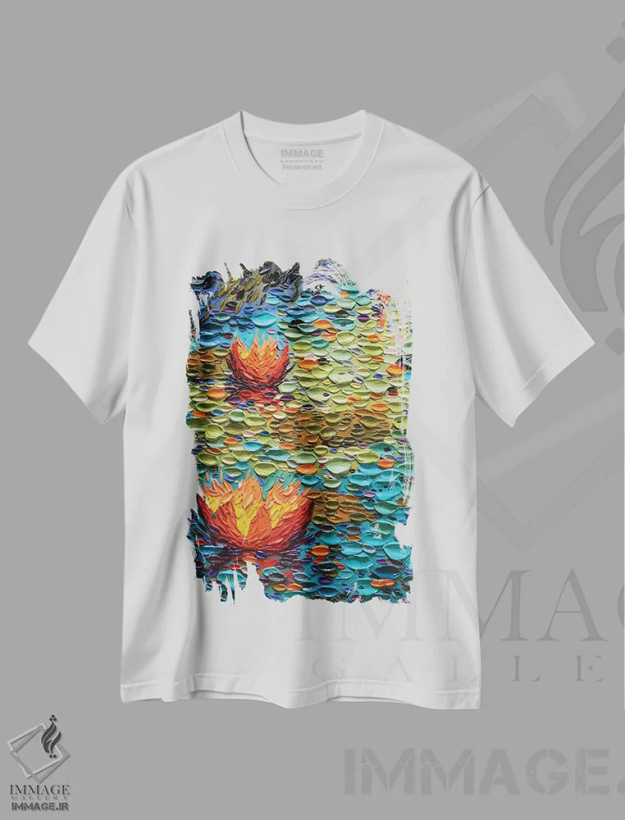 تیشرت سفید طرح دار برکه رنگین کمانی، هنر فاخر معاصر اثر دنا تولفسون | فروشگاه ایماژ
