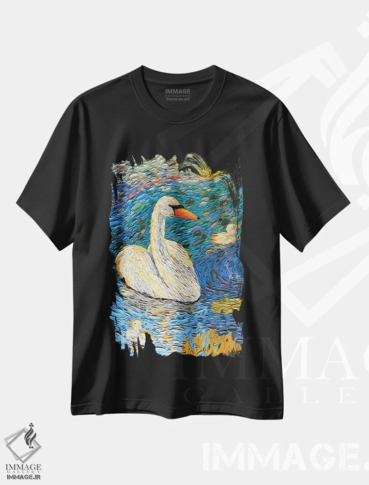 تیشرت مشکی طرح دار خانواده قو یک، هنر فاخر معاصر اثر دنا تولفسون | فروشگاه ایماژ