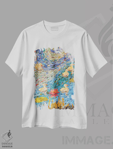تیشرت سفید طرح دار خانواده قو دو، هنر فاخر معاصر اثر دنا تولفسون | فروشگاه ایماژ