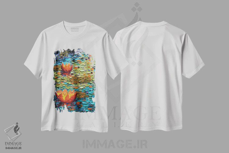 تیشرت سفید طرح دار برکه رنگین کمانی، هنر فاخر معاصر اثر دنا تولفسون | فروشگاه ایماژ