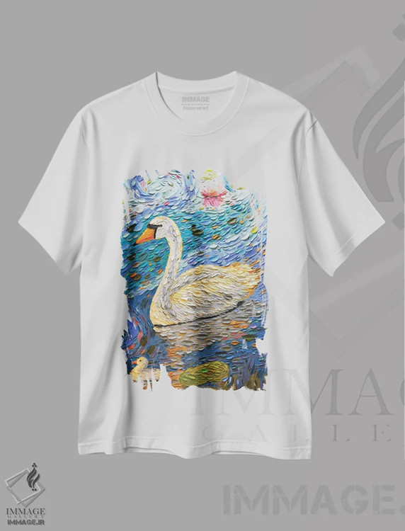 تیشرت سفید طرح دار خانواده قو سه، هنر فاخر معاصر اثر دنا تولفسون | immage.ir