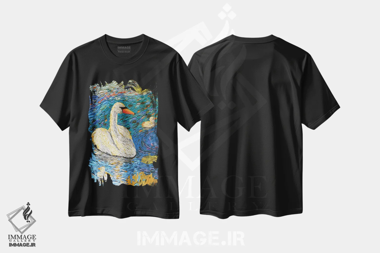 تیشرت مشکی طرح دار خانواده قو یک، هنر فاخر معاصر اثر دنا تولفسون | فروشگاه ایماژ