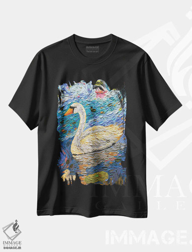 تیشرت مشکی طرح دار خانواده قو سه، هنر فاخر معاصر اثر دنا تولفسون | فروشگاه ایماژ