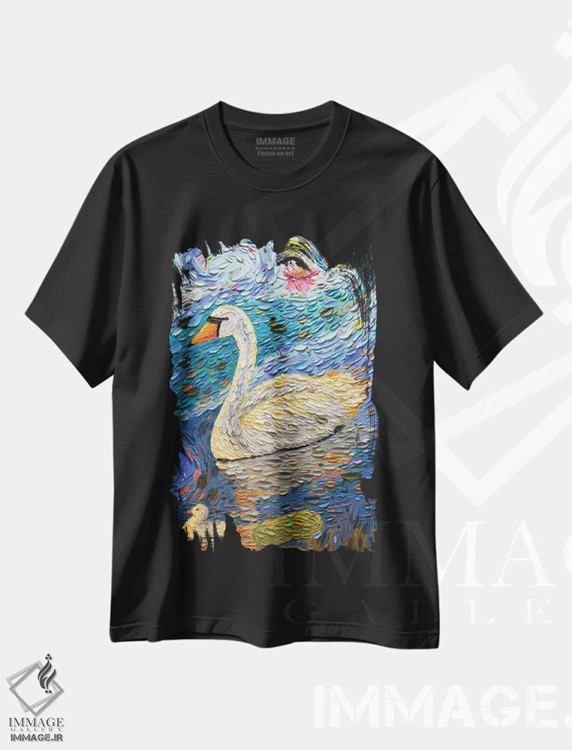 تیشرت مشکی طرح دار خانواده قو سه، هنر فاخر معاصر اثر دنا تولفسون | فروشگاه ایماژ