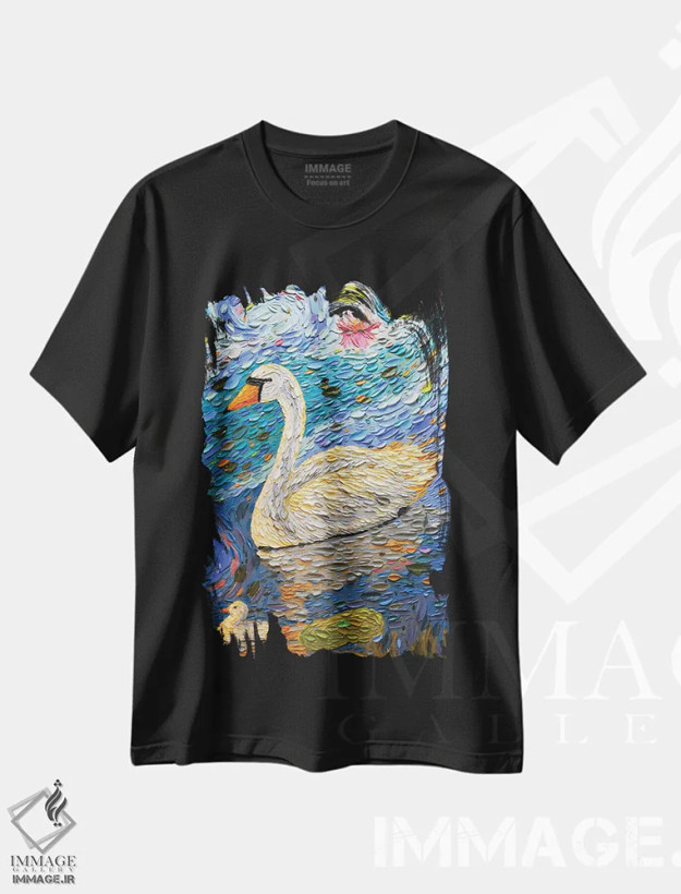 تیشرت مشکی طرح دار خانواده قو سه، هنر فاخر معاصر اثر دنا تولفسون | فروشگاه ایماژ