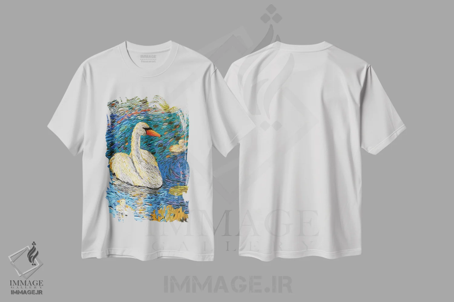 تیشرت سفید طرح دار خانواده قو یک، هنر فاخر معاصر اثر دنا تولفسون | immage.ir