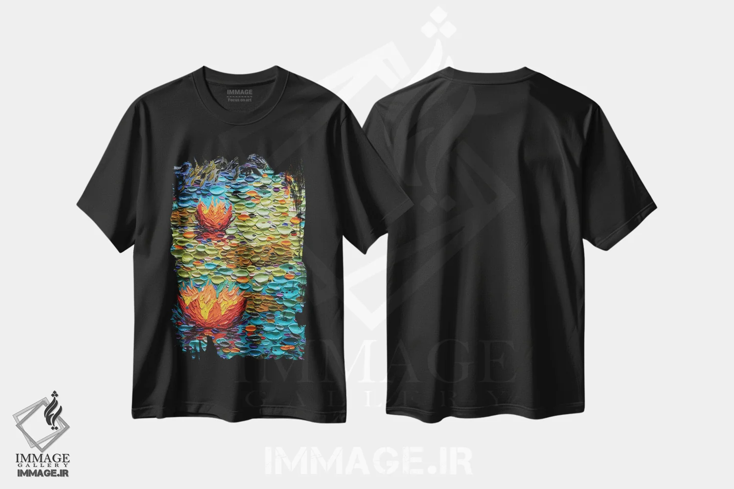 تیشرت مشکی طرح دار برکه رنگین کمانی، هنر فاخر معاصر اثر دنا تولفسون | immage.ir