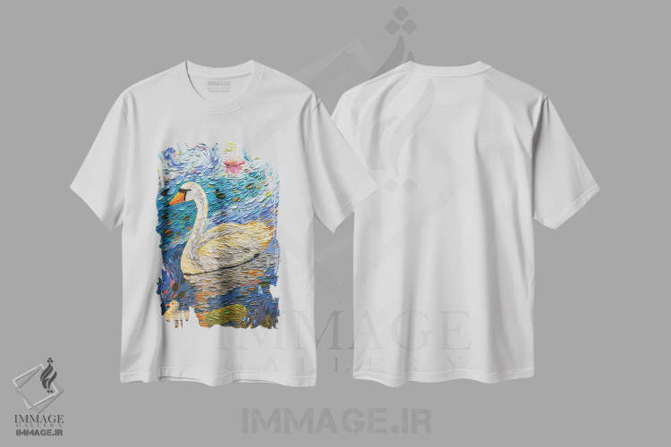 تیشرت سفید طرح دار خانواده قو سه، هنر فاخر معاصر اثر دنا تولفسون | immage.ir