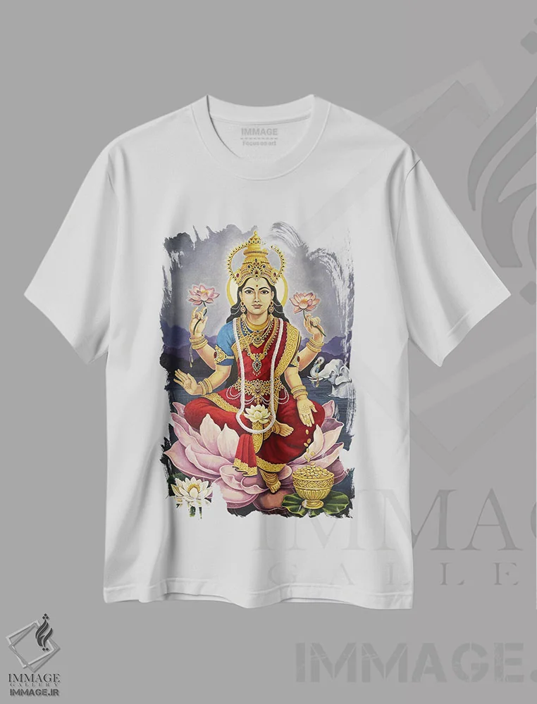 تیشرت سفید طرح دار لکشمی، الهه ثروت و رفاه، دکور آسیایی اثر دیانا تیتووا | فروشگاه ایماژ