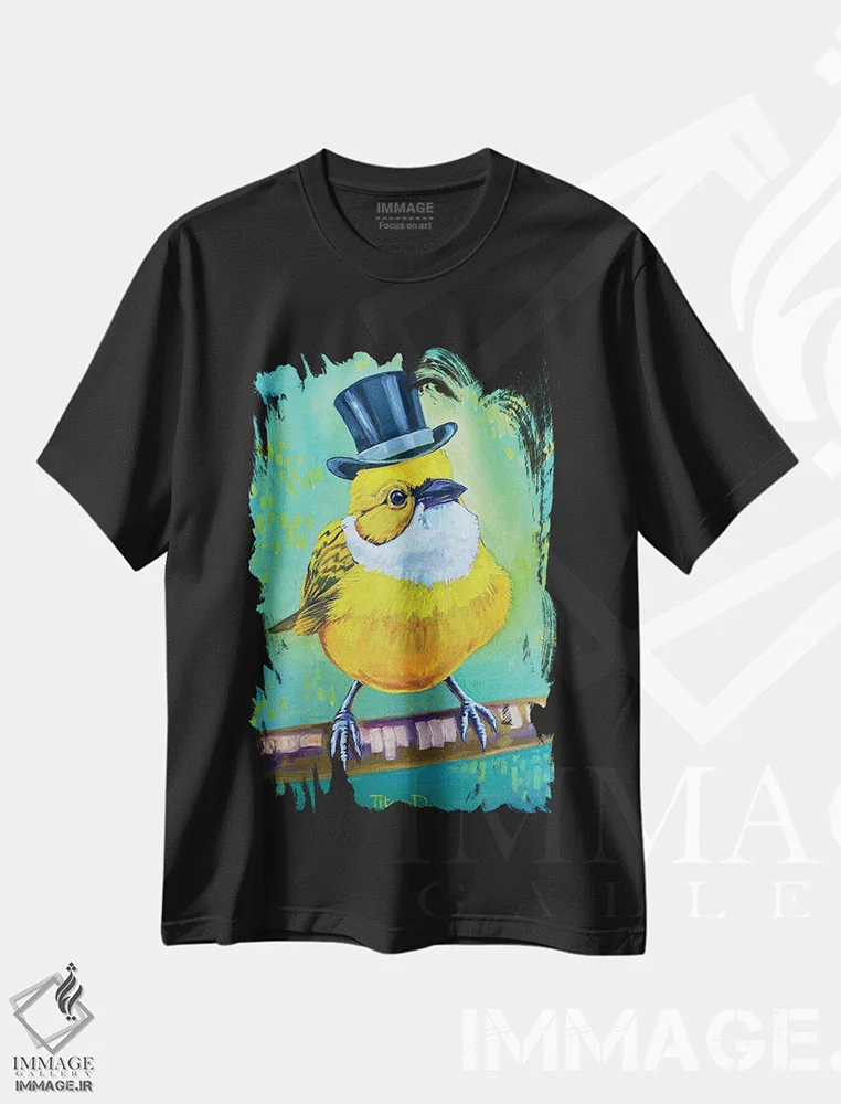 تیشرت مشکی طرح دار آقای قناری شیک، هنر فاخر معاصر اثر دیانا تیتووا | immage.ir