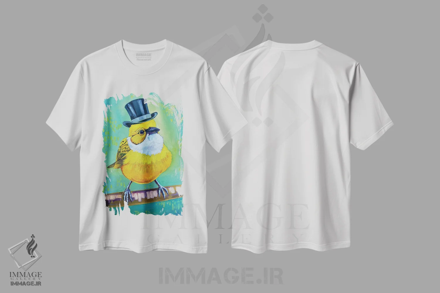 تیشرت سفید طرح دار آقای قناری شیک، هنر فاخر معاصر اثر دیانا تیتووا | فروشگاه ایماژ