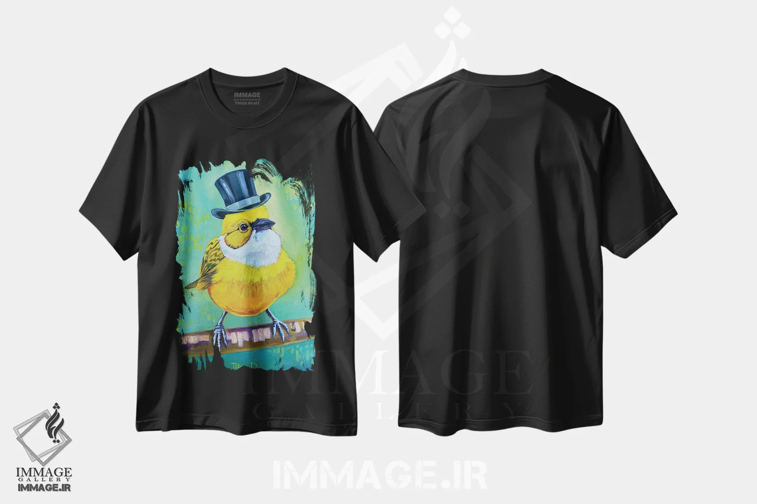 تیشرت مشکی طرح دار آقای قناری شیک، هنر فاخر معاصر اثر دیانا تیتووا | immage.ir