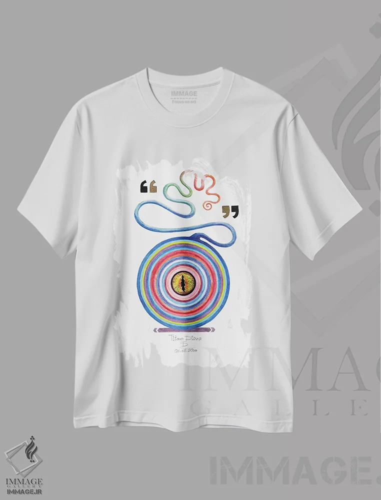 تیشرت سفید طرح دار چشم سمندر، آبستره اثر دیانا تیتووا | فروشگاه ایماژ