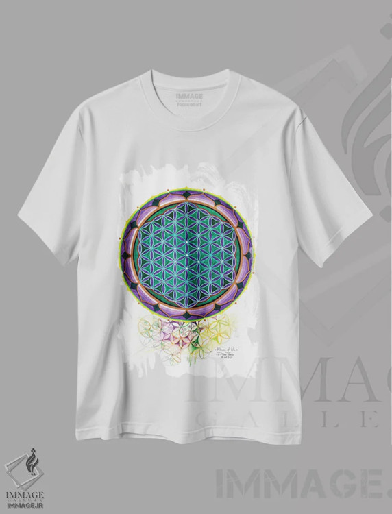 تیشرت سفید طرح دار گل زمردین زندگی، آبستره اثر دیانا تیتووا | فروشگاه ایماژ