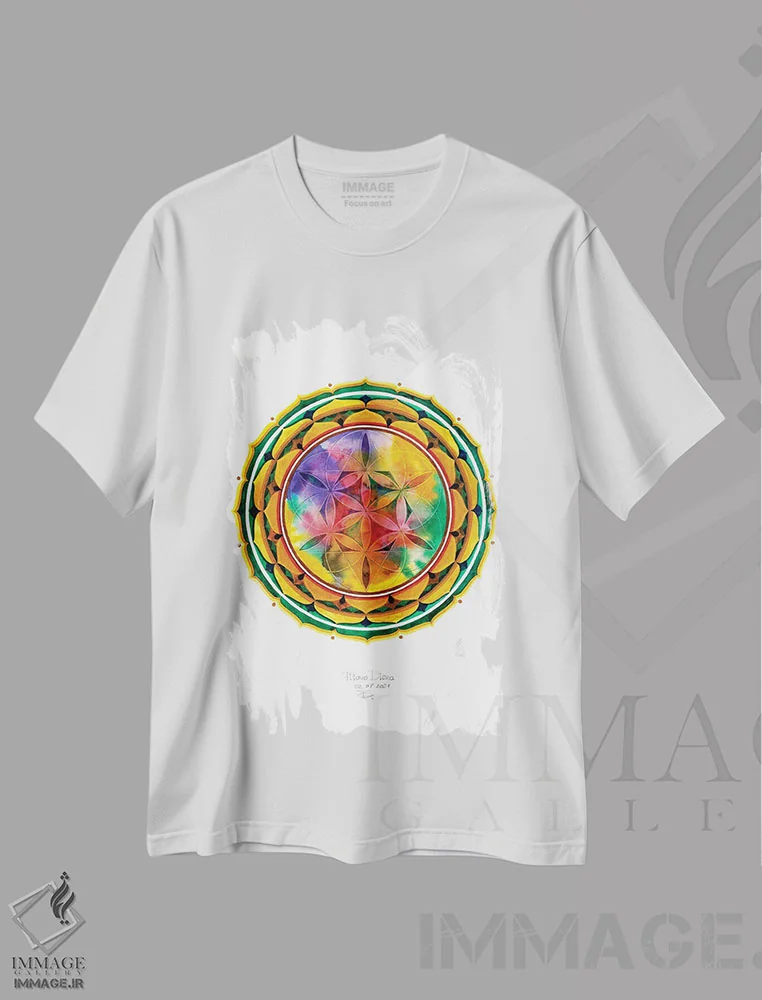 تیشرت سفید طرح دار گل رنگین کمانی زندگی، آبستره اثر دیانا تیتووا | immage.ir